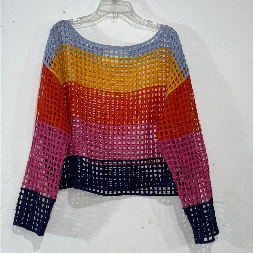 Maeve by Anthropologie Multicolored Crochet Open Knit Colorblock Striped Poncho - Picture 2 of 7